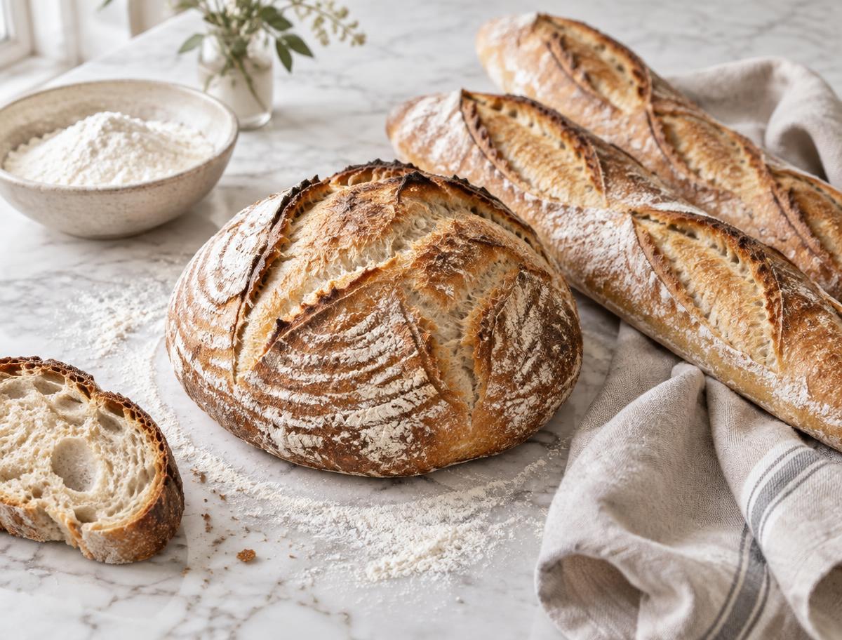 Franska surdegsbröd och baguetter på marmor