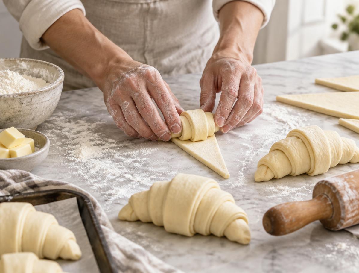 Bagare som viker croissantdeg för hand på marmorbänk